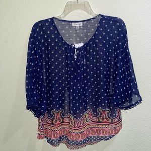 NWT Sheer navy blue, white, coral, red, green, yellow patterned peasant top